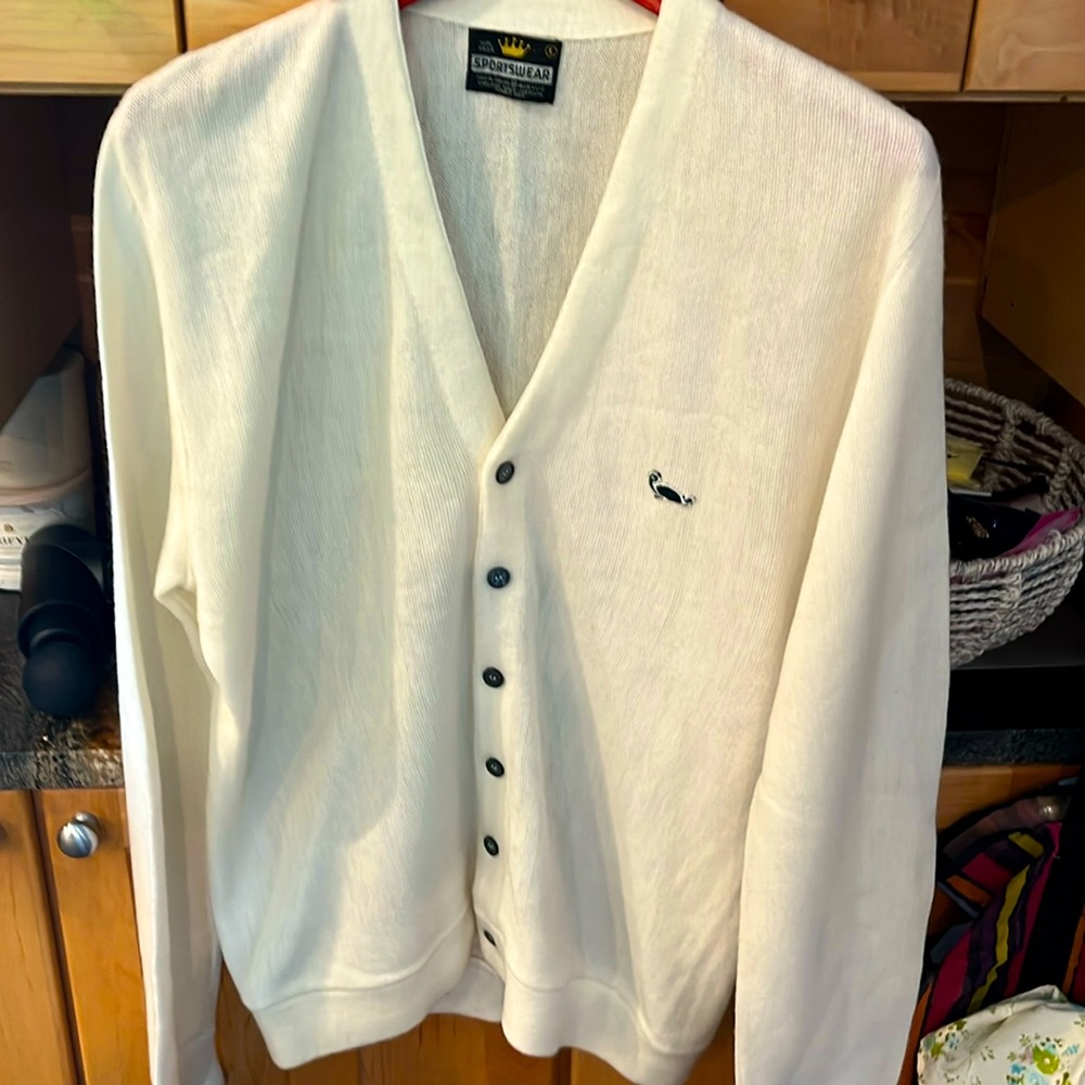Sportswear vintage CREAM ORLON ACRYLIC grandpa Cardigan Sweater turtle logo mens